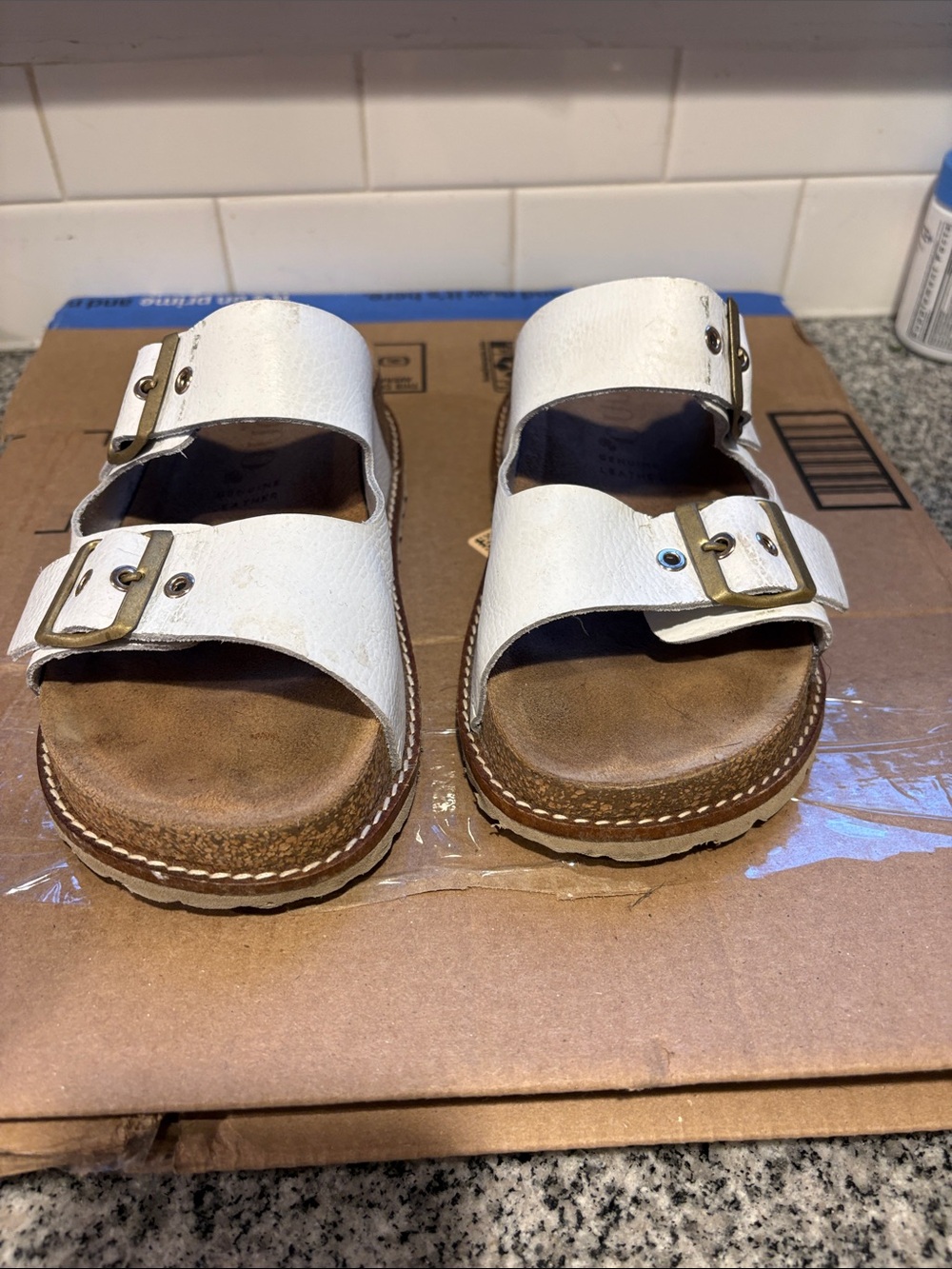 Women's White Double-Band Slide Sandals with Adjustable Buckles